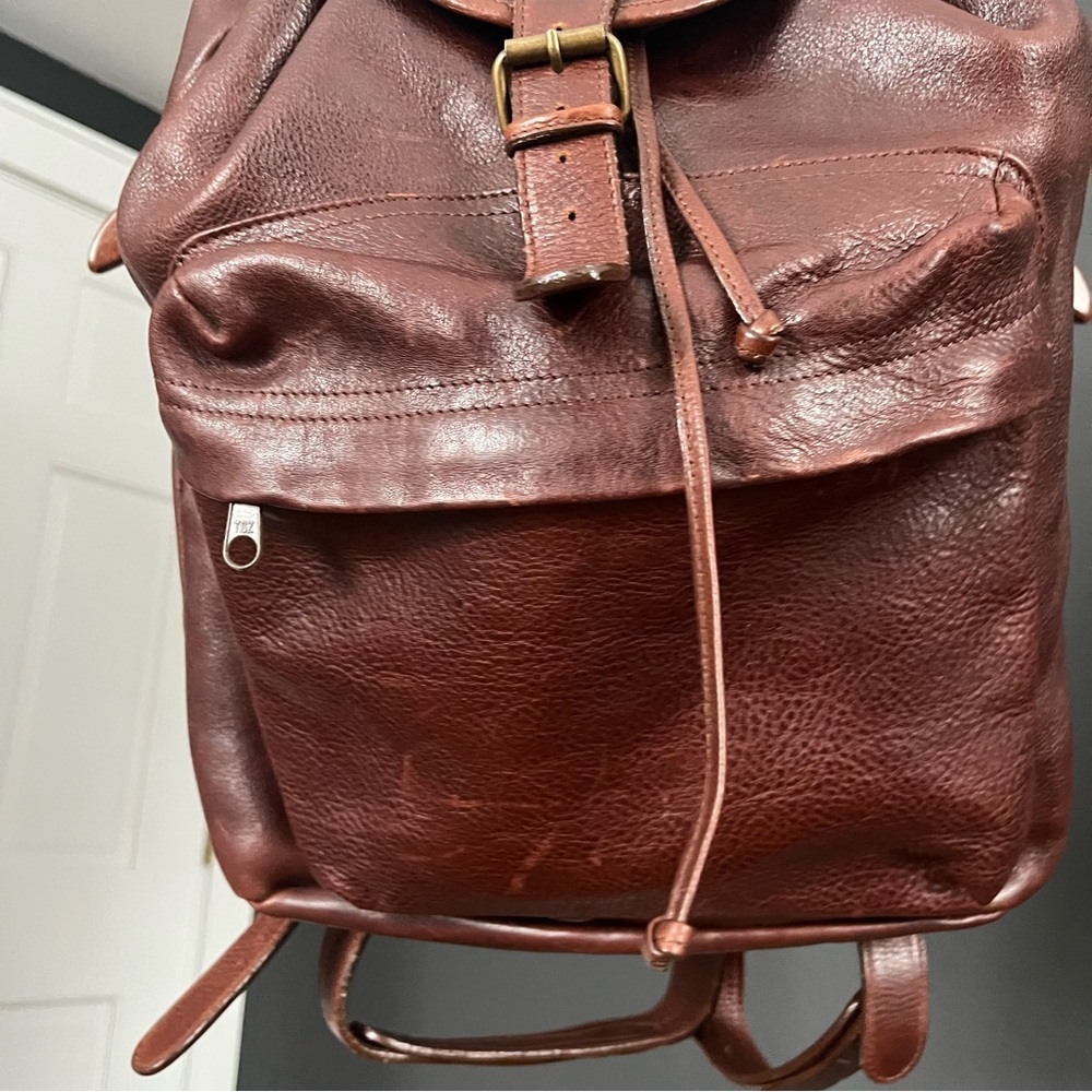 Vintage 90s Genuine Leather Backpack Rucksack Cognac Brown Slouchy Unisex - Picture 5 of 11